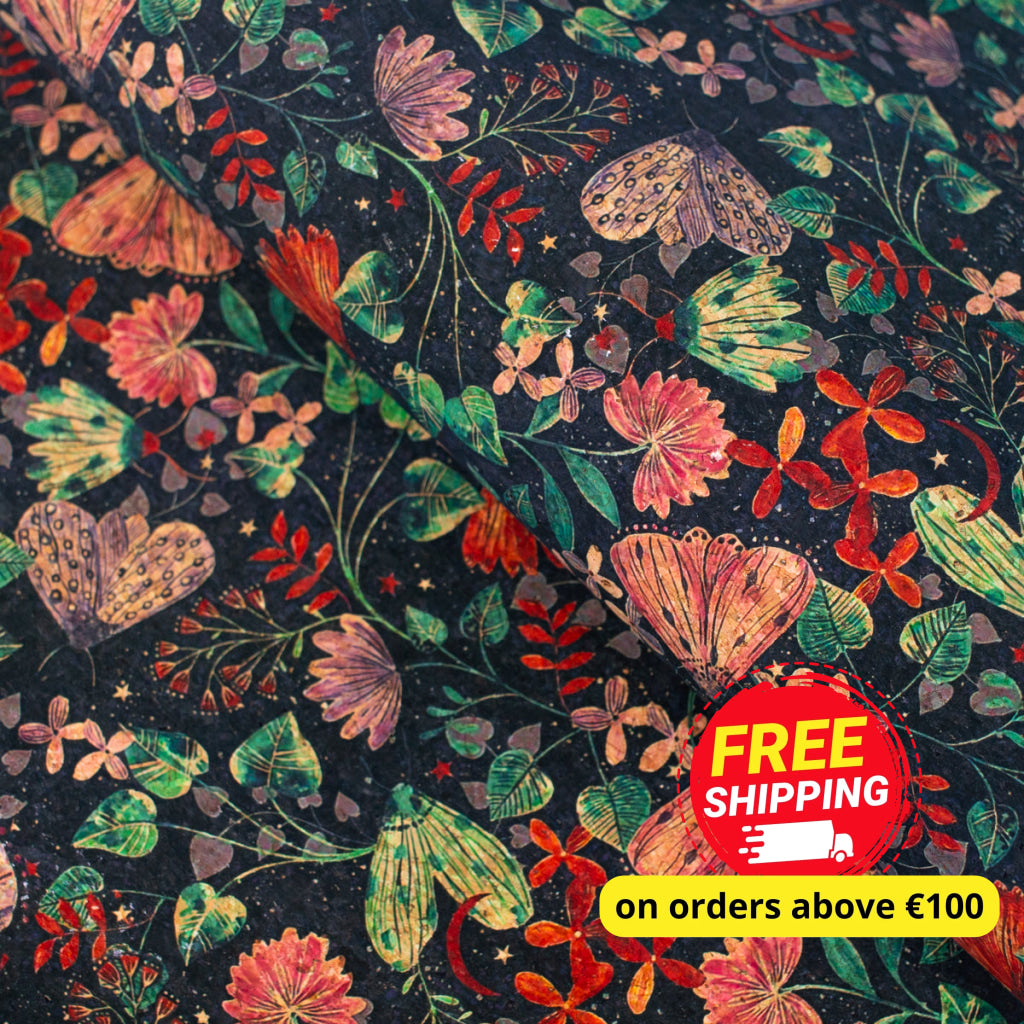Naturally Cork Fabric with Butterfly and Floral Patterns on Black Background COF-313-A