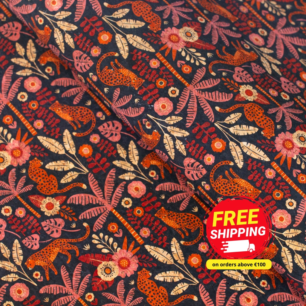 Natural Cork Fabric with Cheetah in Forest Pattern COF-475