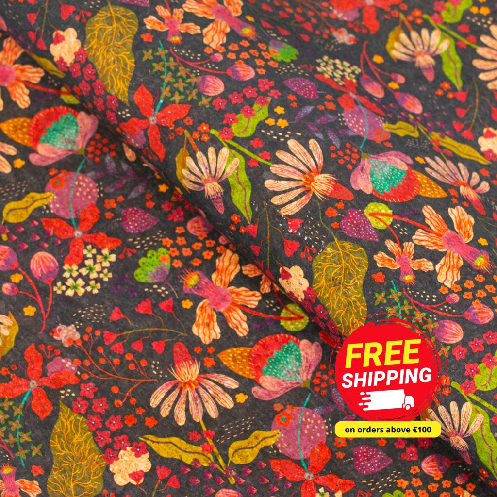 Natural Cork Fabric with Colorful Flowers Pattern COF-478