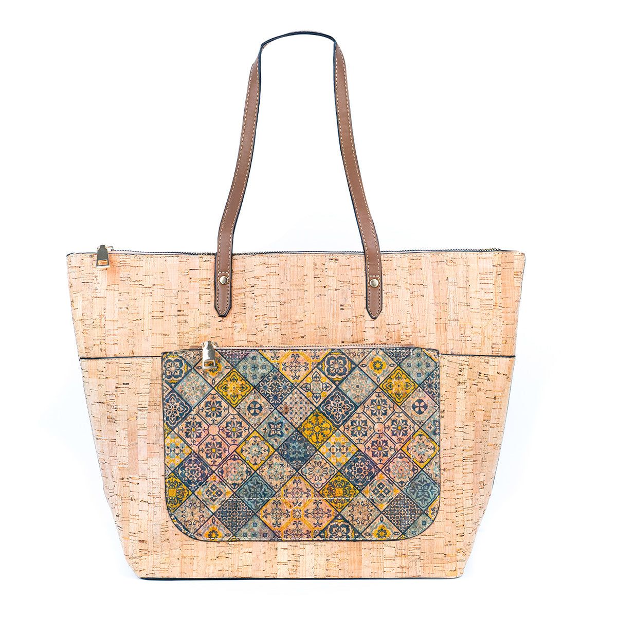 Natural Cork and Printed Cork Blend Ladies' Tote Bag with PU Handles BAG-2334