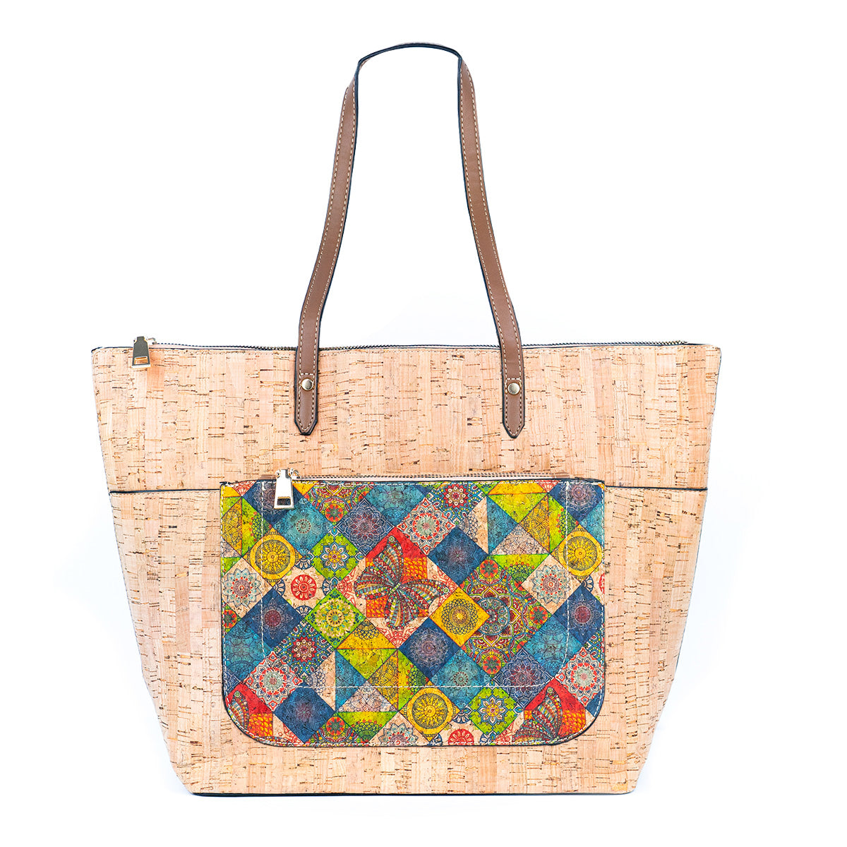 Natural Cork and Printed Cork Blend Ladies' Tote Bag with PU Handles BAG-2334