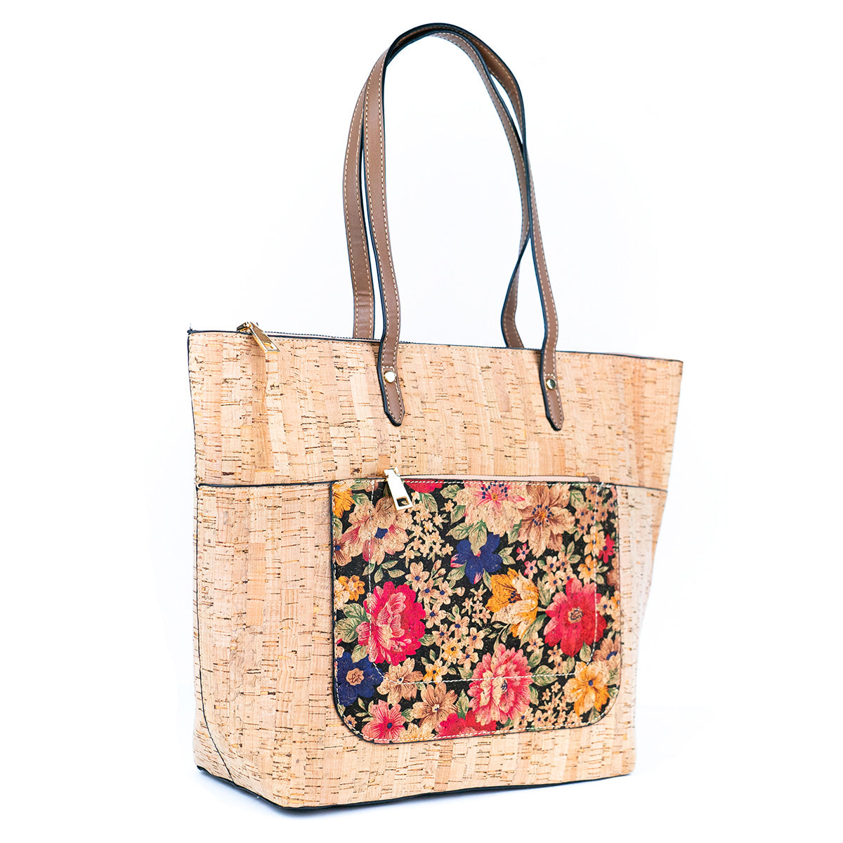Natural Cork and Printed Cork Blend Ladies' Tote Bag with PU Handles BAG-2334