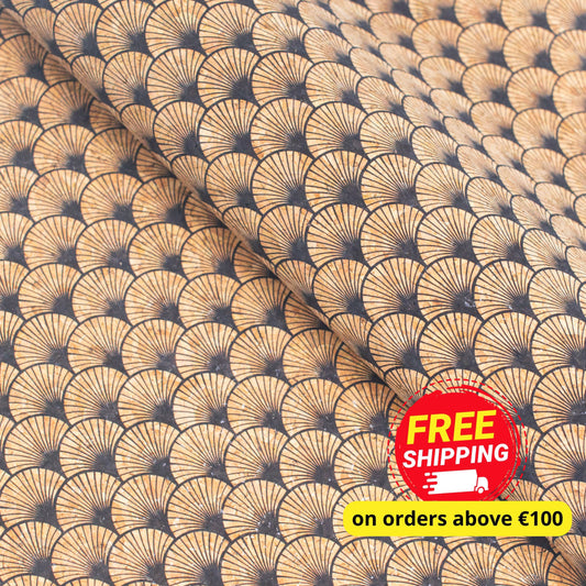 Black fan leaf patterned Cork Fabric COF-415-A