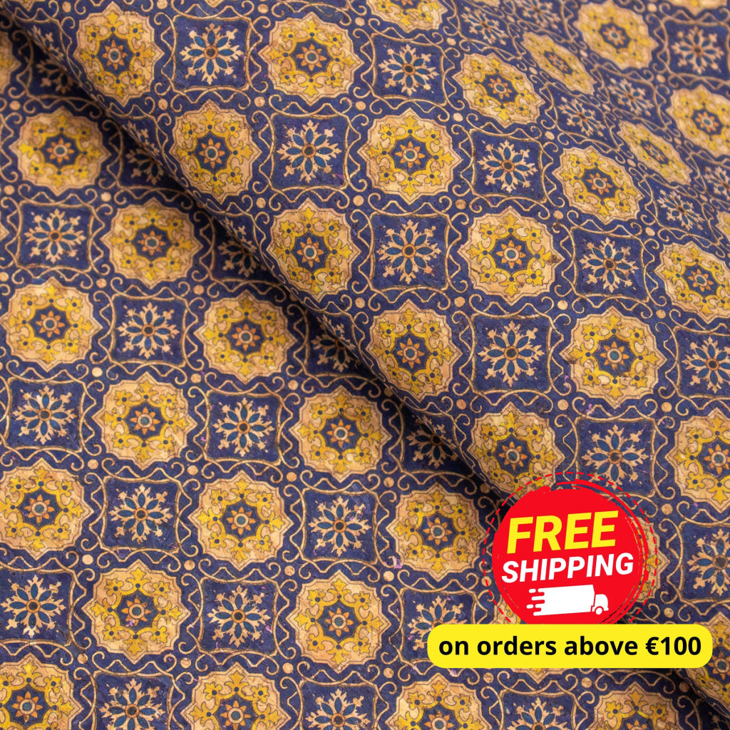 Blue Tile Azuleijo style pattern natural cork fabric  COF-402