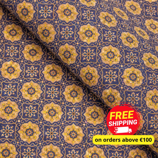 Blue Tile Azuleijo style pattern natural cork fabric  COF-402