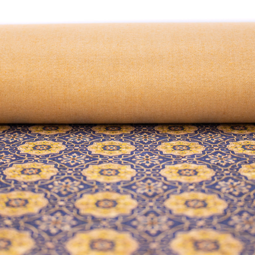 Blue Tile Azuleijo style pattern natural cork fabric  COF-402