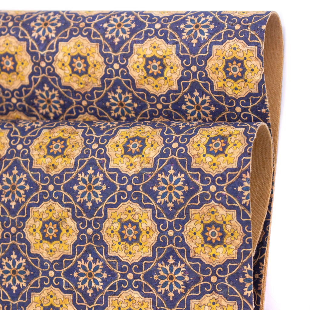 Blue Tile Azuleijo style pattern natural cork fabric  COF-402