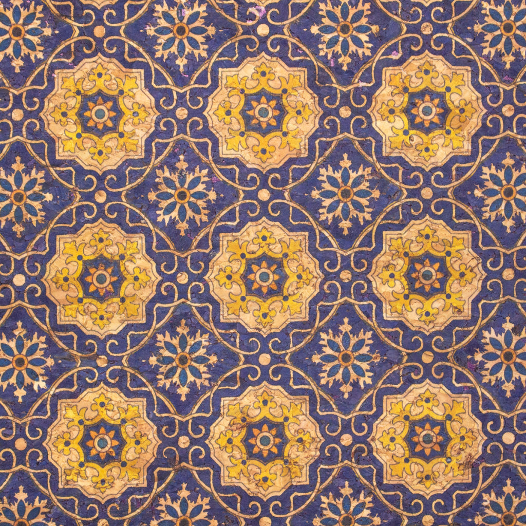 Blue Tile Azuleijo style pattern natural cork fabric  COF-402