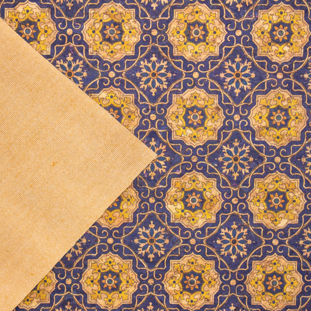 Blue Tile Azuleijo style pattern natural cork fabric  COF-402