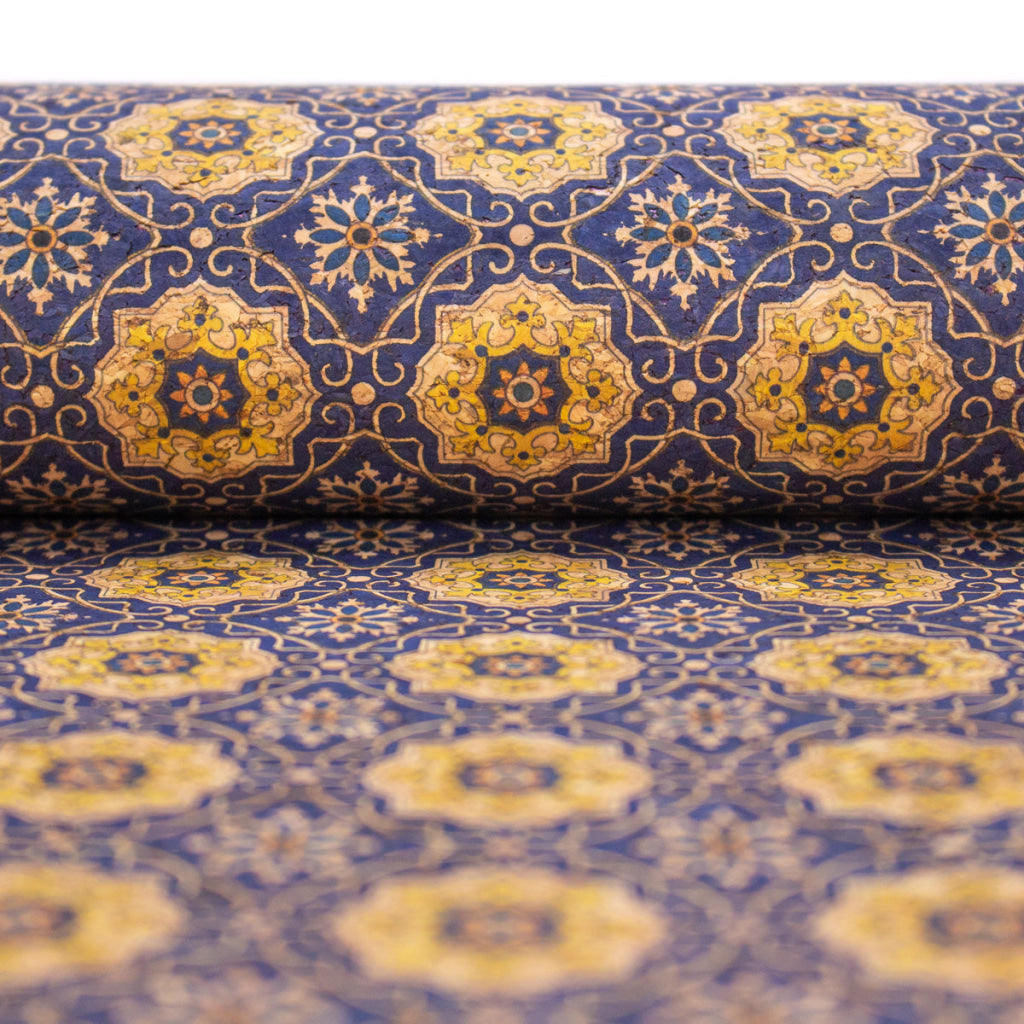 Blue Tile Azuleijo style pattern natural cork fabric  COF-402