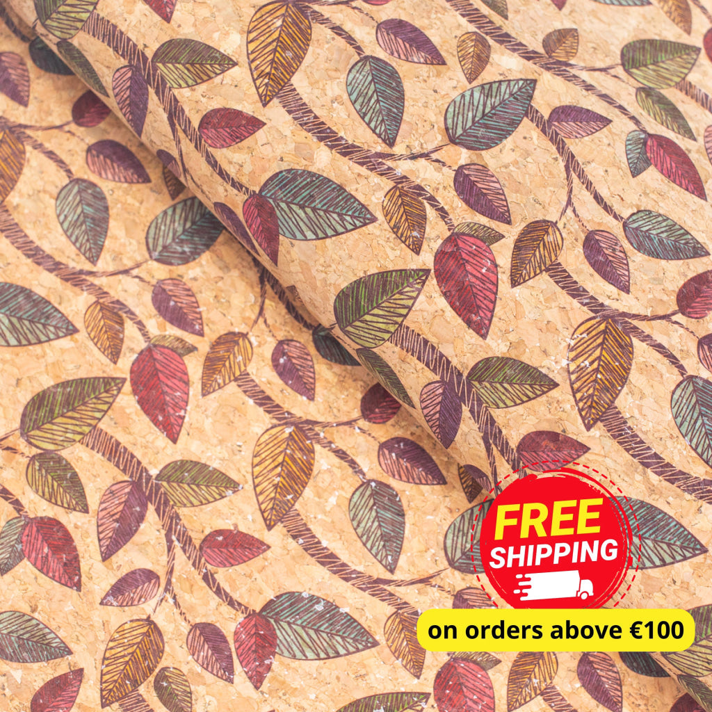 Colorful Leaves Natural Cork Fabric COF-204-A