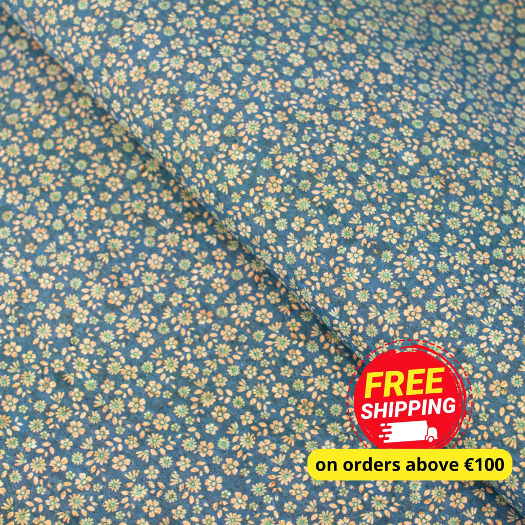 Delicate Floral Sprinkle on Teal Cork Fabric Design COF-488