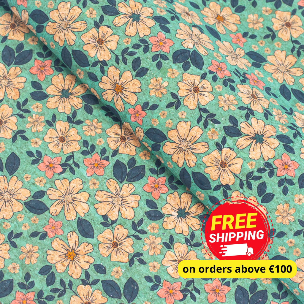 Green Flowers Pattern Cork Fabric COF-335-B