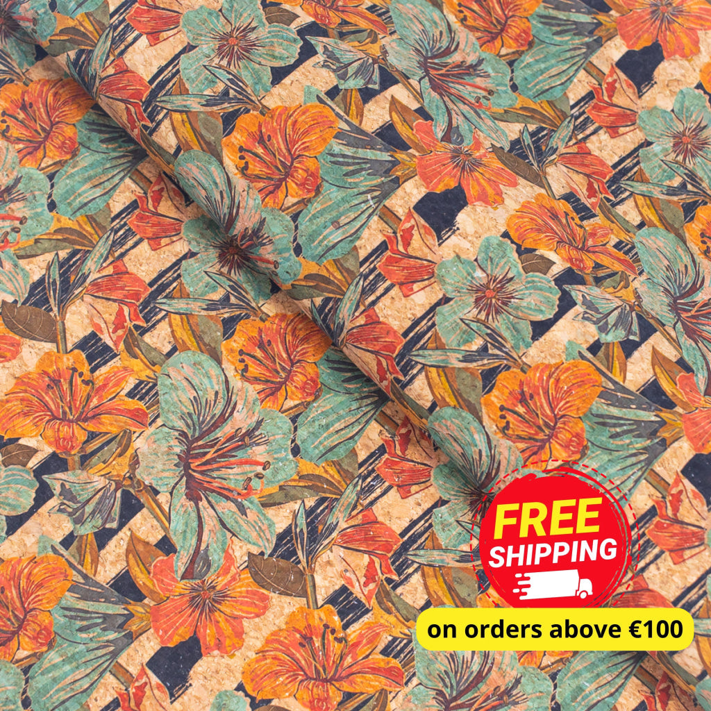 Lilies & Flowers Pattern Cork Fabric COF-268-A