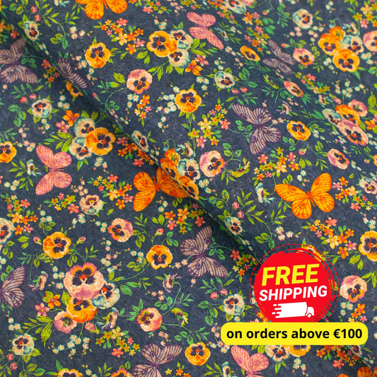 Natural Cork Fabric with Black Butterfly and Floral Patterns COF-476