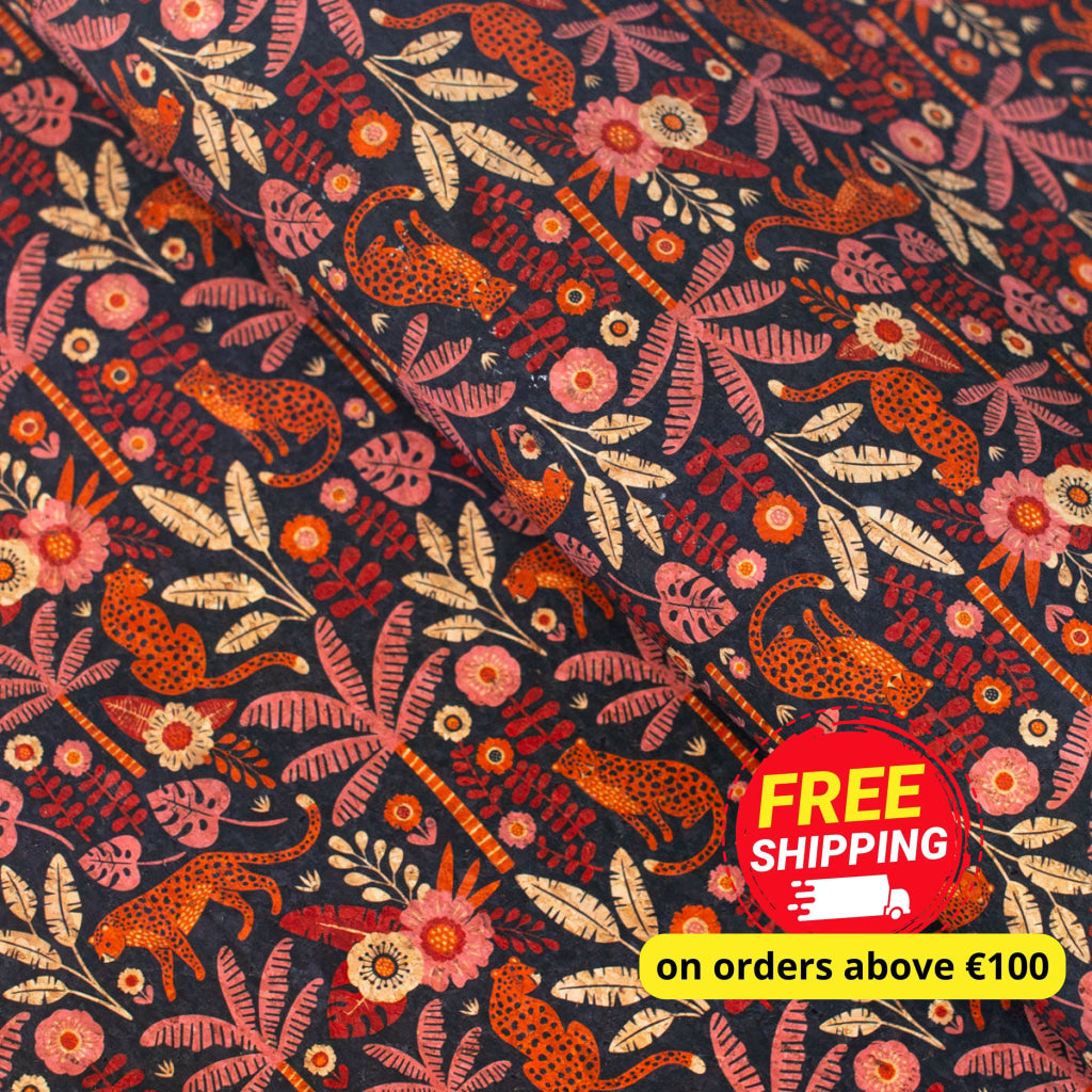Natural Cork Fabric with Cheetah in Forest Pattern COF-475
