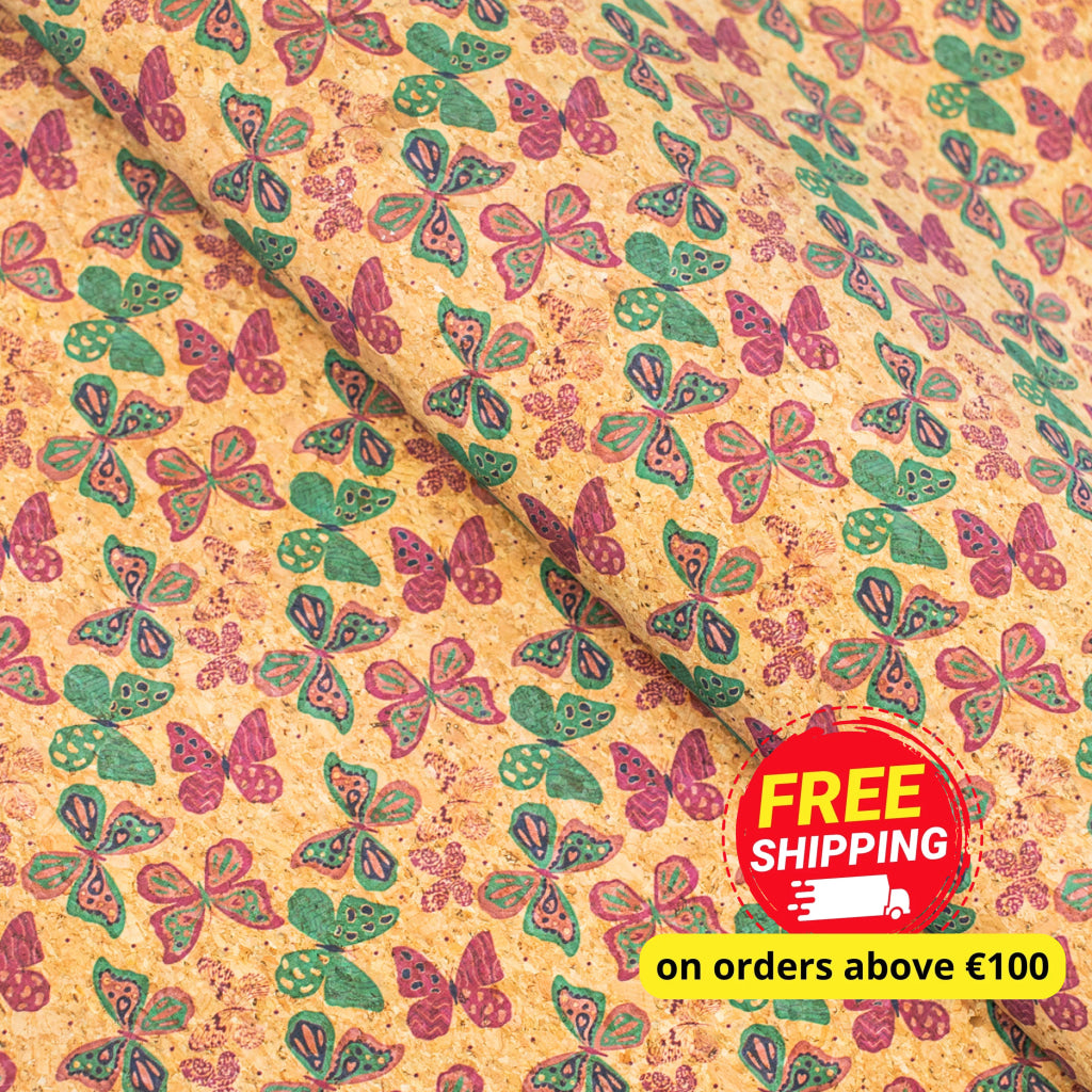 Natural Cork Fabric with Colorful Butterfly Pattern COF-477
