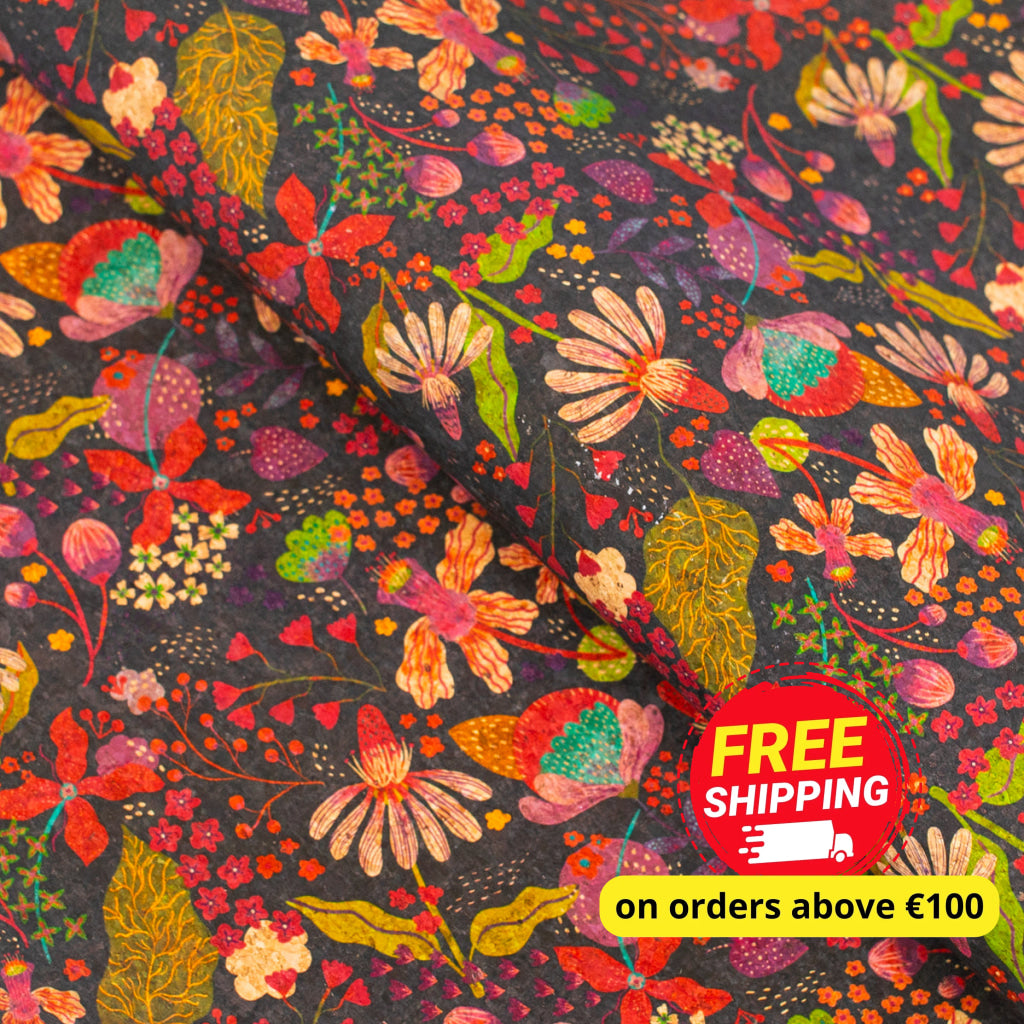 Natural Cork Fabric with Colorful Flowers Pattern COF-478