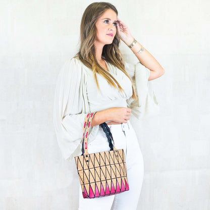 Pink black and lake blue Natural Cork Geometric handbags BAG-2212