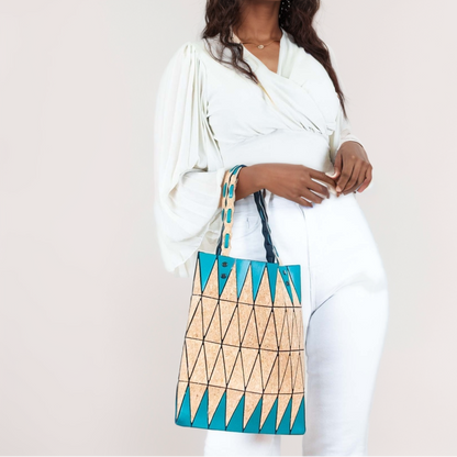 Pink black and lake blue Natural Cork Geometric Shopping Tote BAG-2211