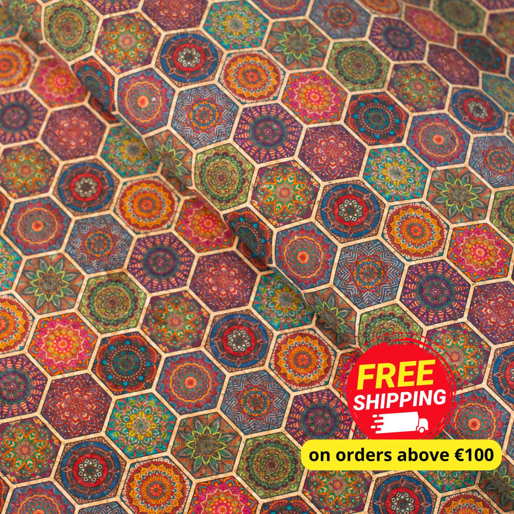 Vibrant Bohemian Medallion Cork Fabric Design COF-487