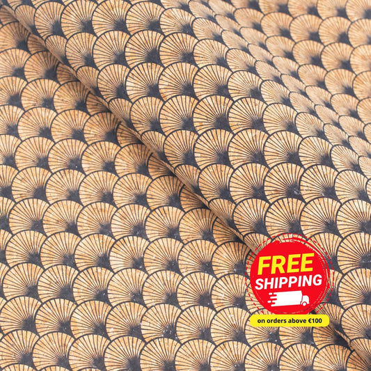 Black fan leaf patterned Cork Fabric COF-415-A