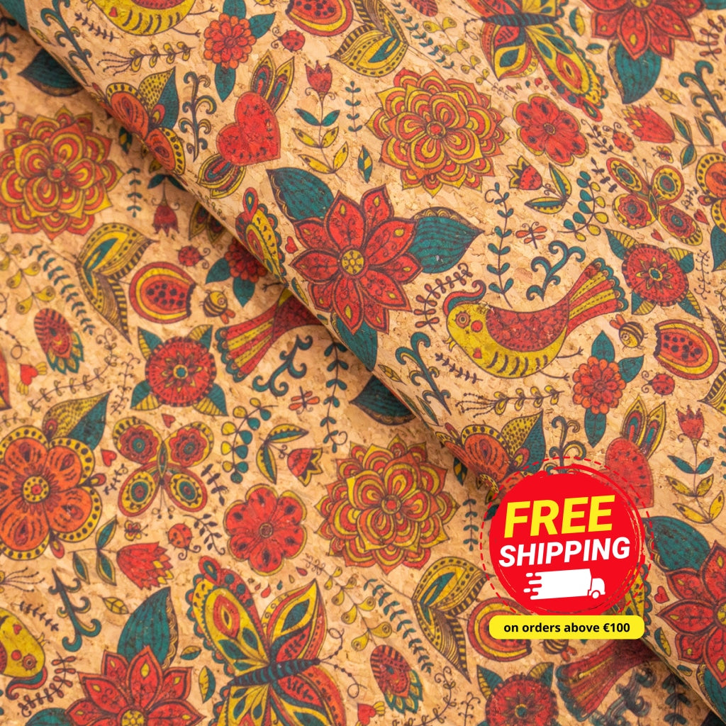 Butterfly and flower Cork fabric COF-306