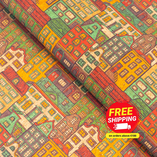 City Building Pattern Cork Fabric COF-342-A