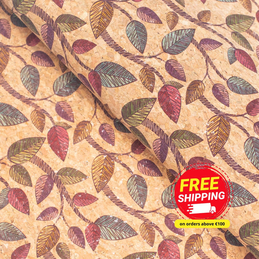 Colorful Leaves Natural Cork Fabric COF-204-A