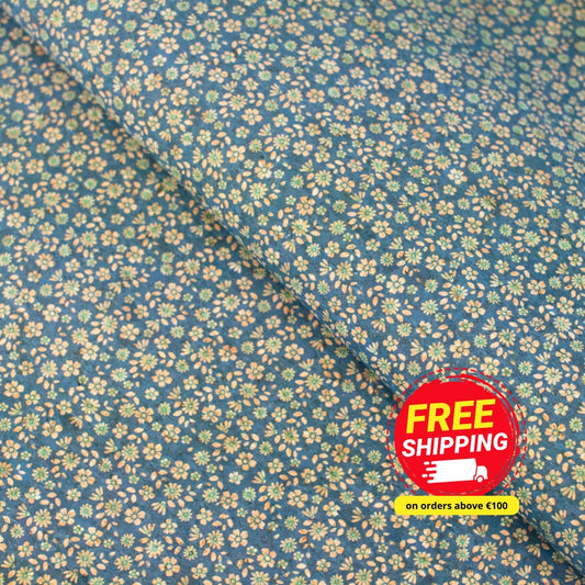 Delicate Floral Sprinkle on Teal Cork Fabric Design COF-488