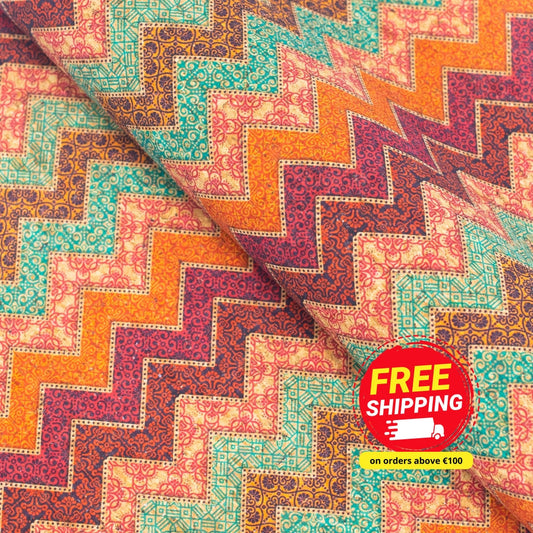 Geometric Wavy Stripes Colourful Flowers Cork Fabric COF-265-A
