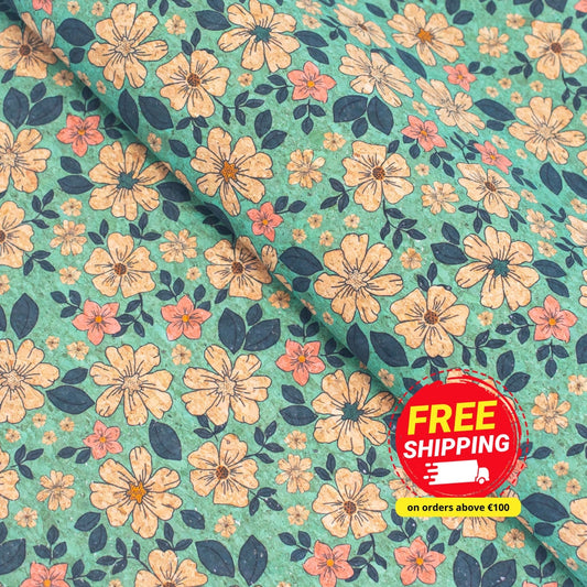 Green Flowers Pattern Cork Fabric COF-335-B