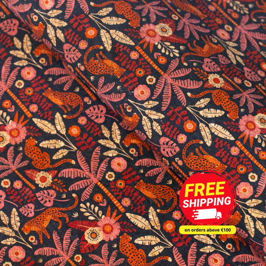 Natural Cork Fabric with Cheetah in Forest Pattern COF-475