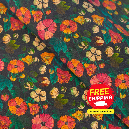 Natural Cork Fabric with Flower Print on Black Cork Background COF-474