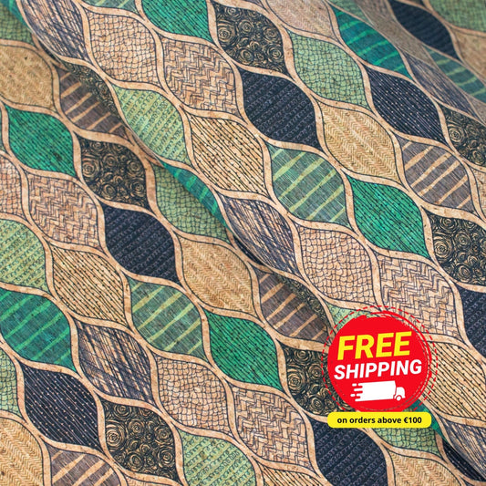 Natural Cork Fabric with Green Wave Pattern COF-427-B
