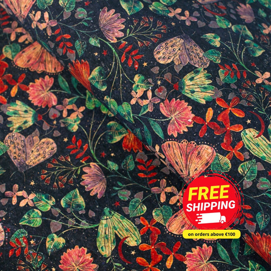 Naturally Cork Fabric with Butterfly and Floral Patterns on Black Background COF-313-A